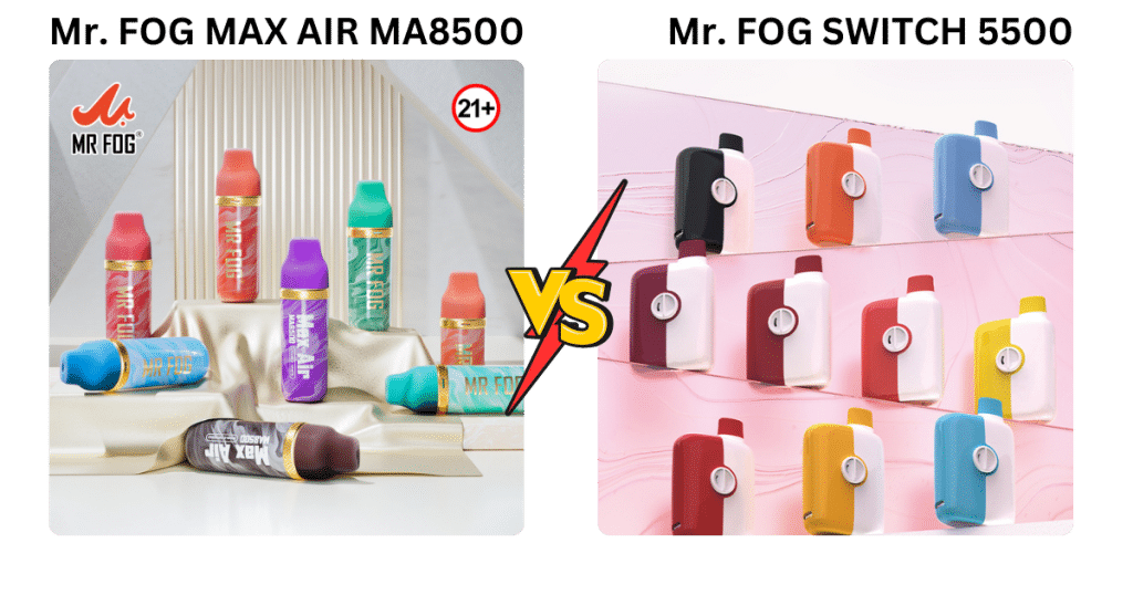 Mr. Fog Max Air MA8500 and Mr. Fog Switch 5500 Disposable vapes in many color