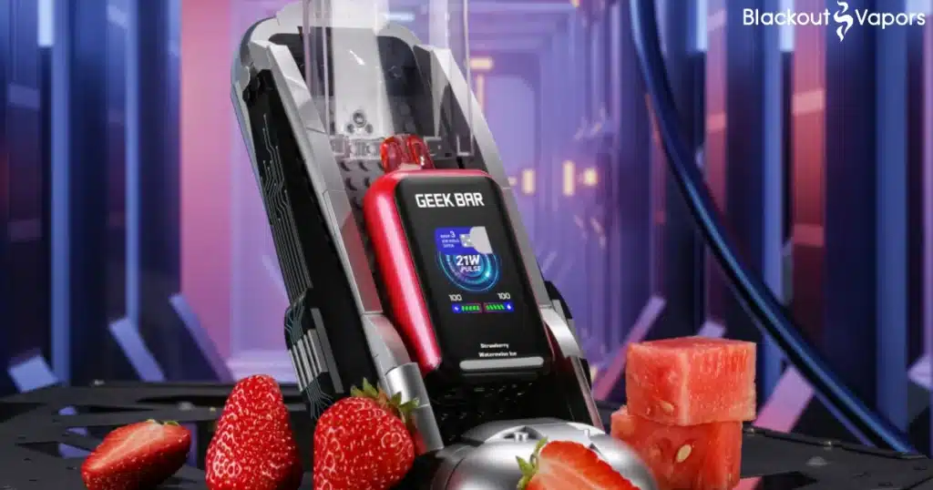 Geek Bar Latest products ona product stand with strawberry and watermelon