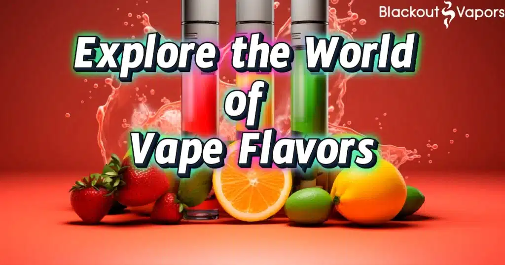 Fruits and vape pens with colorful vapor against a red background