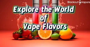 Fruits and vape pens with colorful vapor against a red background