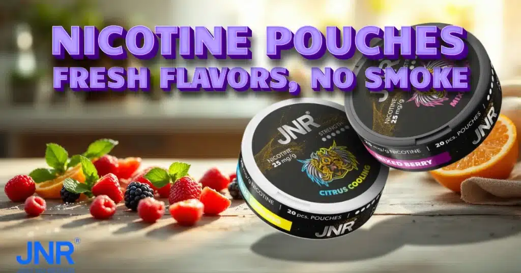 JNR nicotine pouches in citrus and berry flavors, lasts 45-60 minutes