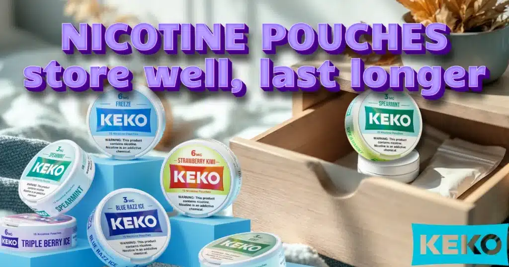 Keko nicotine pouches stored neatly, last up to 35 minutes