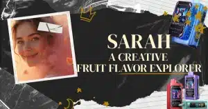 Sarah smiling inside vapor and floating fruits along with Mecha King disposable vape because she loves fruit flavord vape.