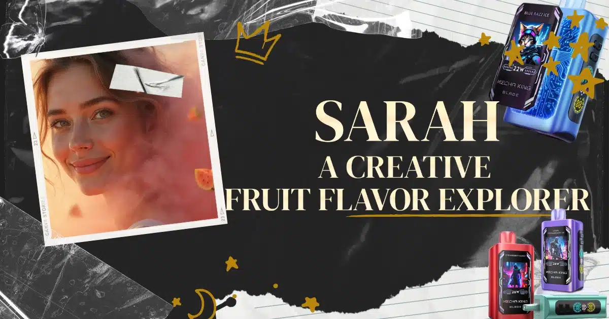 Sarah smiling inside vapor and floating fruits along with Mecha King disposable vape because she loves fruit flavord vape.