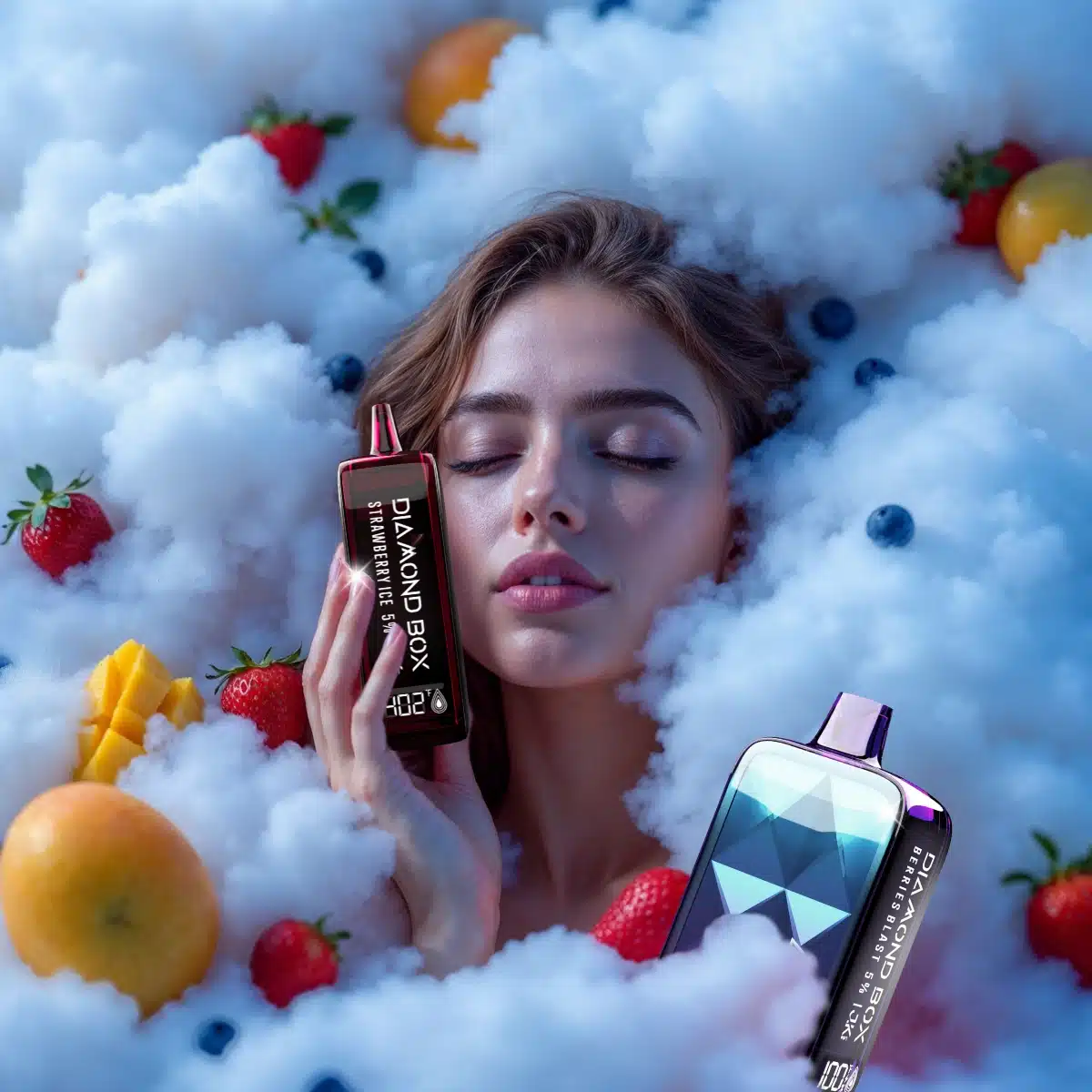 A woman is surrounded by smoke and clouds, along with fresh fruits. She is holding an Air Bar vape that tastes like Strawberry Ice, and another vape with the flavor of Berries Blast is floating in the vapor.