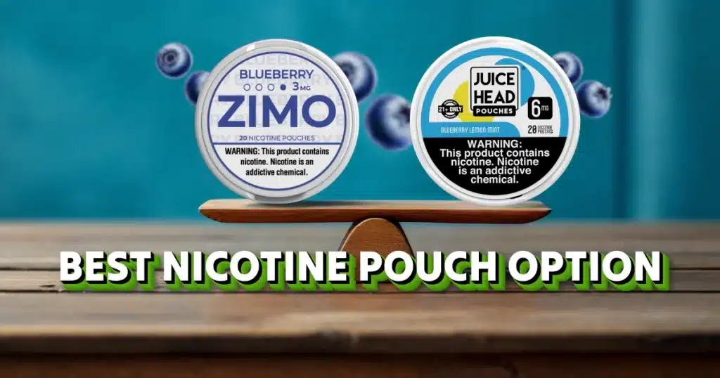 Zimo and Juice Head nicotine pouches in blueberry flavors, balanced on a wooden scale, representing comparison between quality, flavor, and longevity.