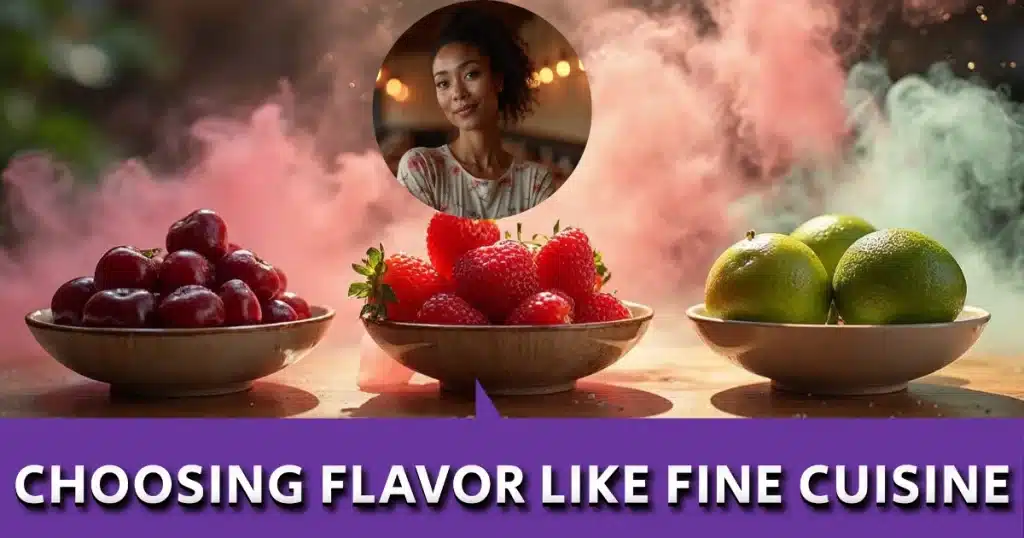 Bowls of cherries, strawberries and limes with Lisa's face, showing how she picks vape flavors