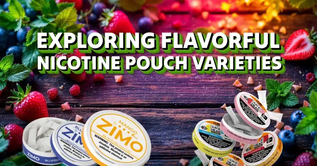 Several Juice Head and Zimo nicotine pouches on a rustic wooden surface, surrounded by fruits, showing off the variety of nicotine pouch flavors.