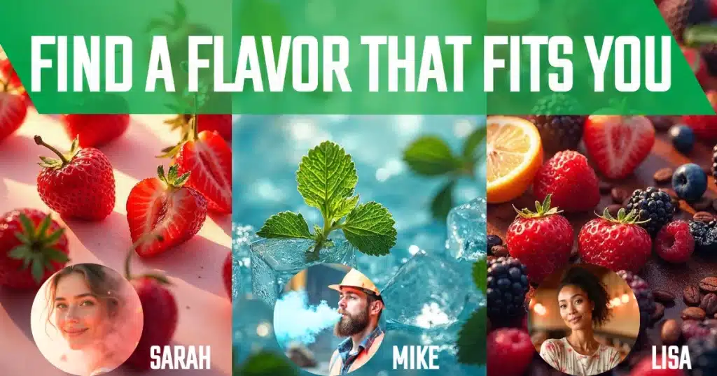 fresh strawberries, mints and mixed berries with lemon and beans around three people Sarah, Mike and Lisa respectively who like different disposable vape flavors.