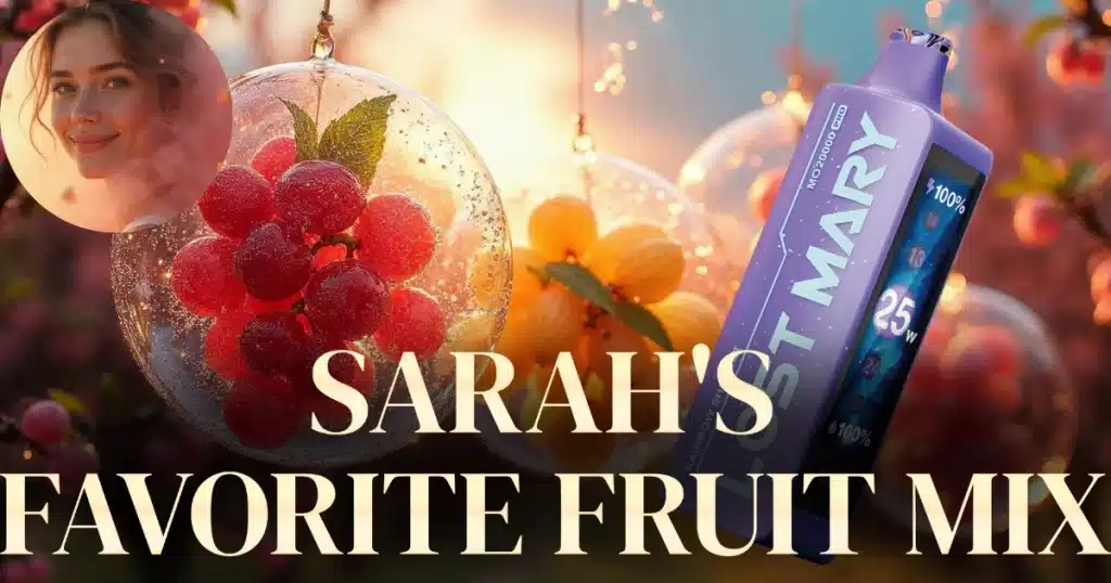 Berries and tripical fruits in a bubble with a Lost Mary Mo20000 pro disposable vape representing Sarah's favourite fruit flavored vape.