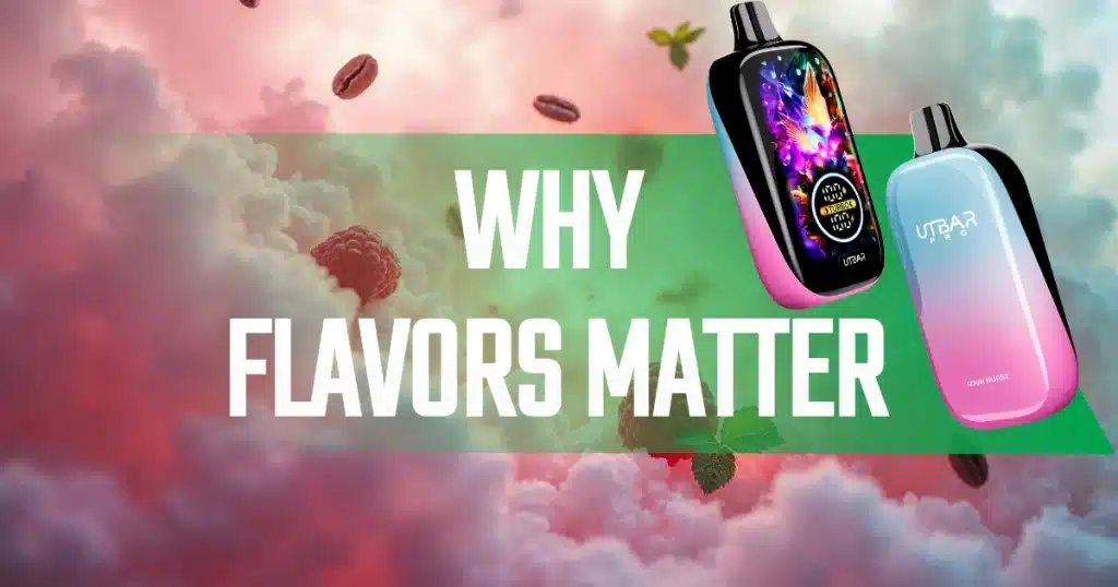 Mix of fruits, mints and beans on a coudy background with a Utbar pro 25K disposable vape showing why flavor choices matter in disposable vapes - How to choose the right vape flavor