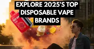 A person sitting outside with colorful smoke and fruit flavors around, showing the best disposable vape brands of 2025.