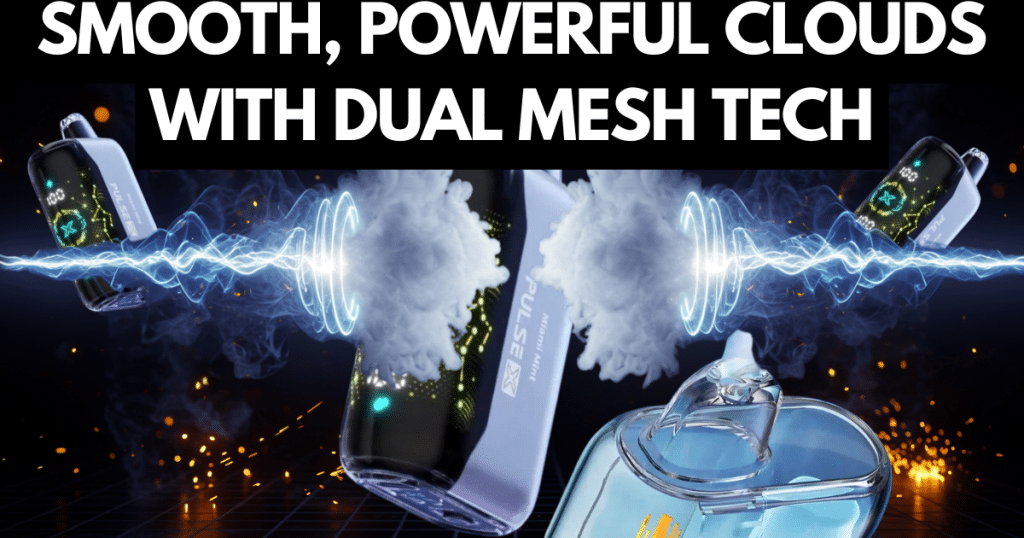 Geek Bar vapes releasing thick vapor clouds with glowing energy waves to show strong performance and dual mesh tech.