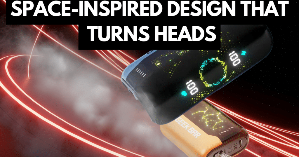 Geek Bar device with LED screen floating in space with glowing red trails, showing high-tech, space-style design.