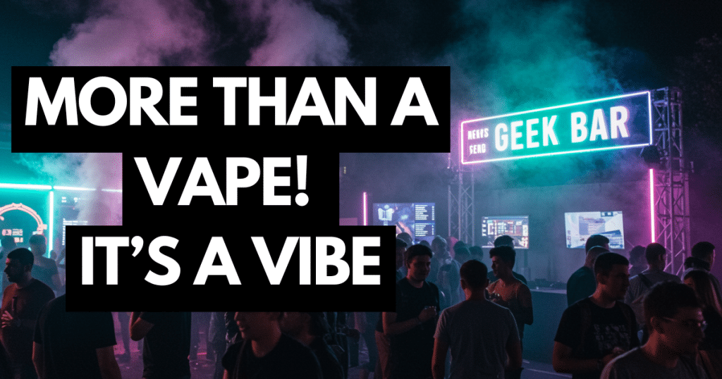 People at a night festival with music, vapor in the air, and a glowing “Geek Bar” booth, showing social lifestyle and events.