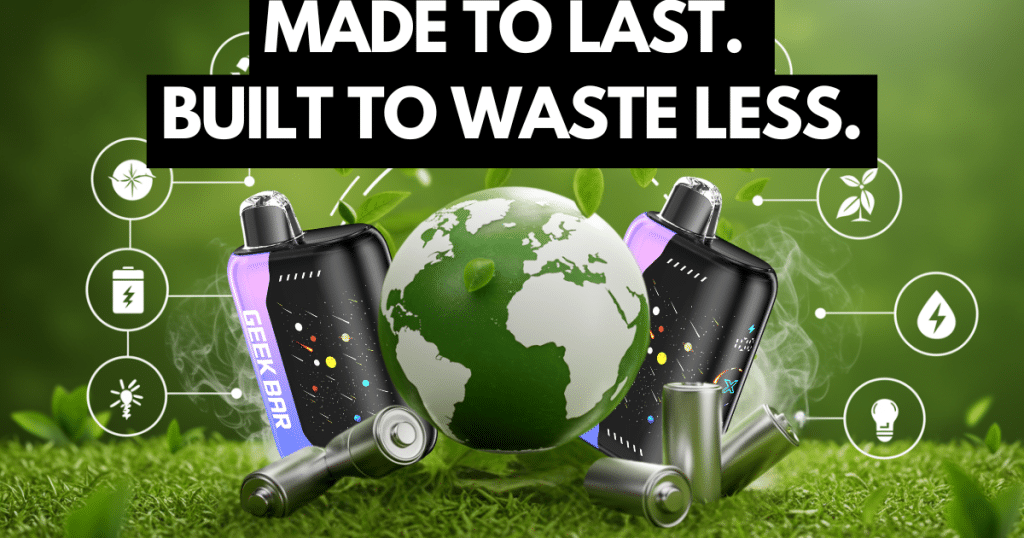 Green earth with Geek Bar vapes, batteries, and eco-friendly icons, showing sustainability and reduced waste.