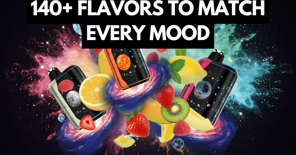 Colorful fruits like lemon, kiwi, and strawberry swirl in vapor with Geek Bar devices, showing flavor diversity and creativity.