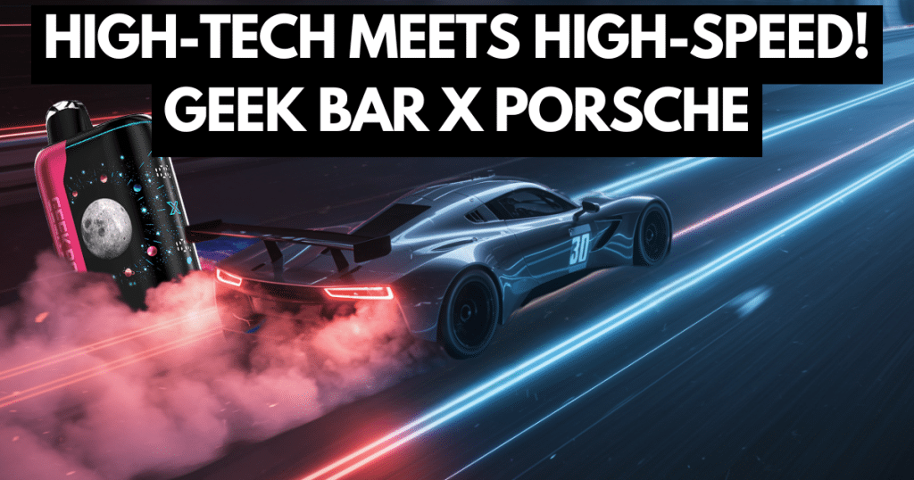 Racing car on digital track with vapor trails and Geek Bar vape in corner, showing tech meets speed in Porsche partnership.