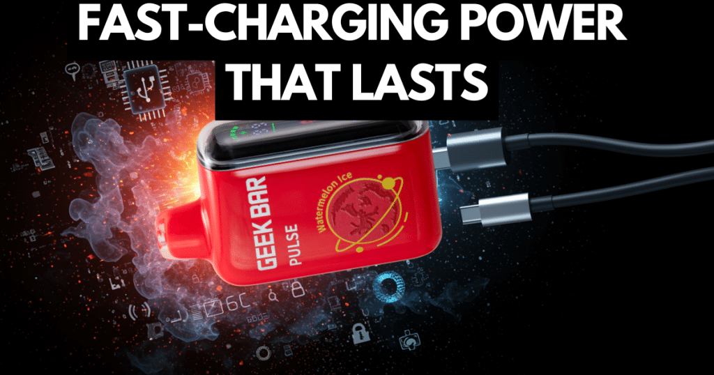 Red Watermelon Ice Geek Bar connected to USB-C cable with glowing battery effects and tech icons, showing fast charging and smart tech.