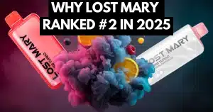 Lost Mary vape ranked number two in 2025 with fruity vapor cloud background
