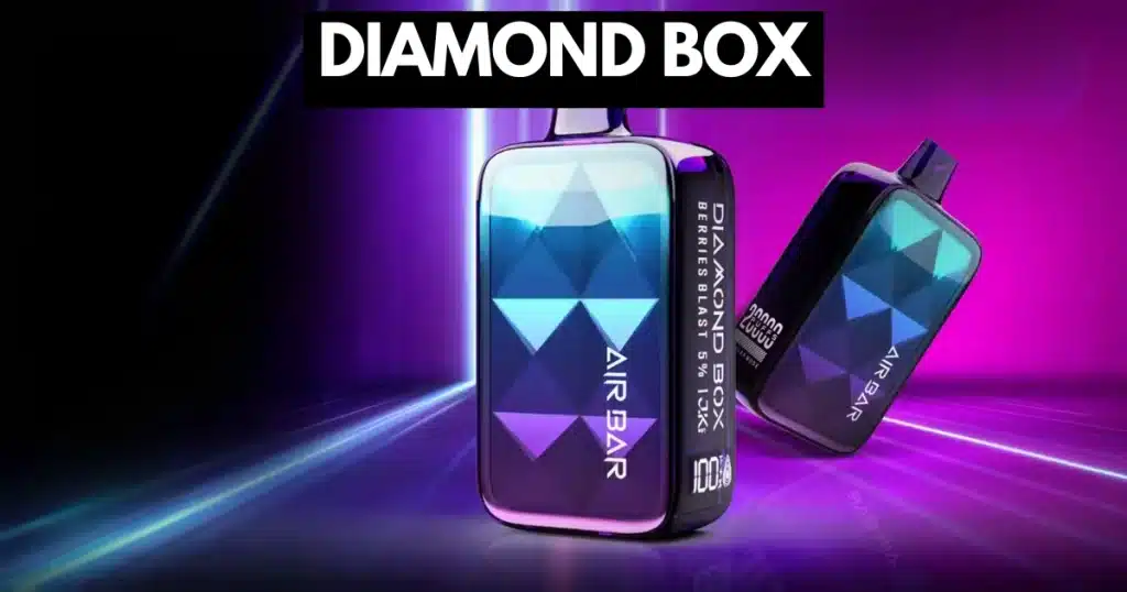 Diamond Box Air Bar with glowing crystal design and compact body on purple and blue neon background