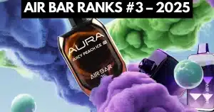 Air Bar AURA Juicy Peach Ice vape surrounded by colorful vapor clouds symbolizing its #3 rank in 2025 disposable vape market.