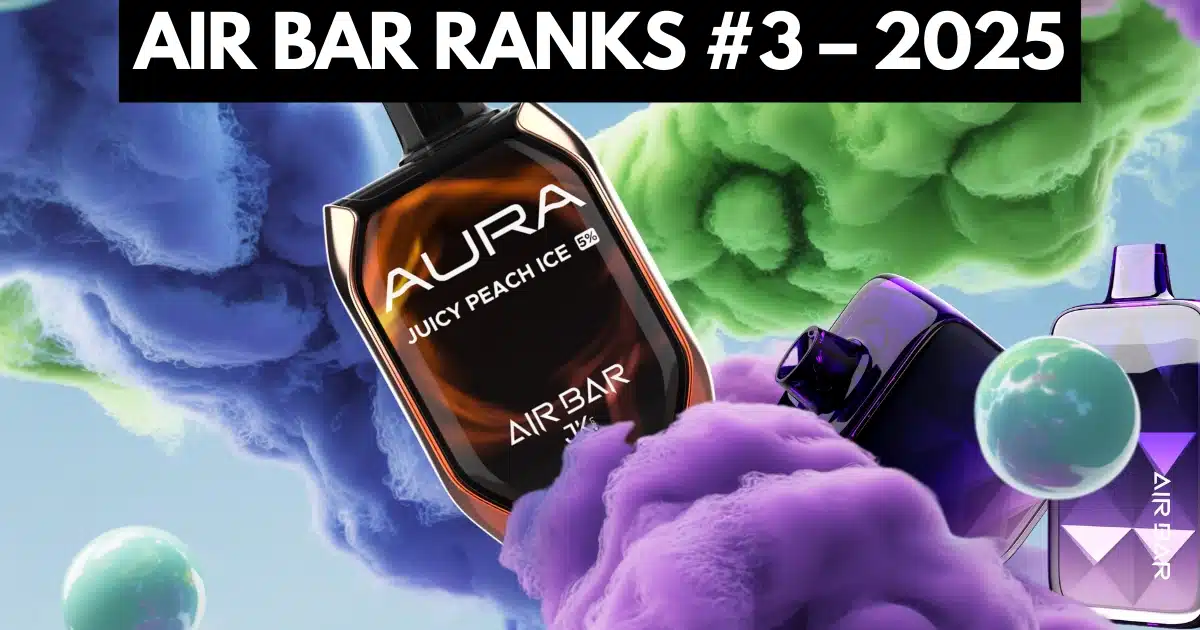 Air Bar AURA Juicy Peach Ice vape surrounded by colorful vapor clouds symbolizing its #3 rank in 2025 disposable vape market.