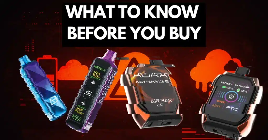 Four Air Bar vapes glitched or worn out, warning icons in red background about battery, puff count, and leak issues