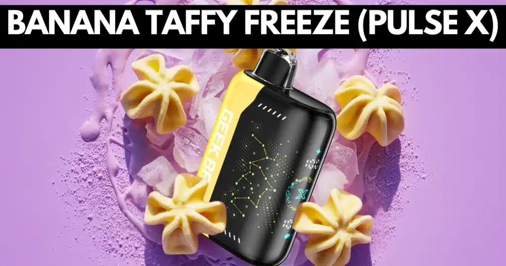 Banana taffy candy and icy crystals showcasing Geek Bar Pulse X Banana Taffy Freeze flavor