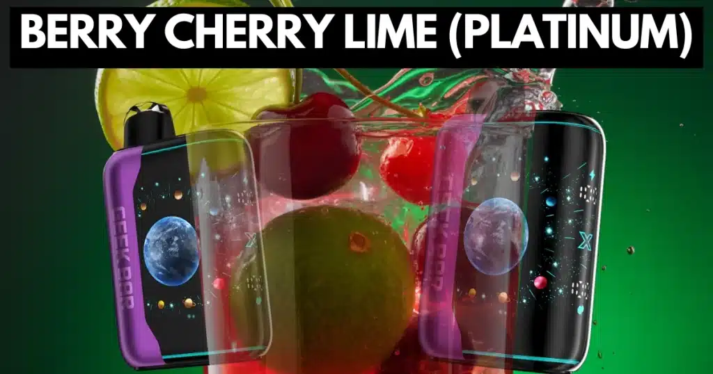Berries, cherries, and lime cocktail splash representing Geek Bar Pulse X Platinum Berry Cherry Lime flavor
