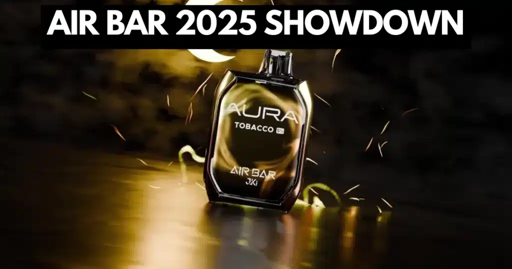 AURA vape glowing under golden light in dramatic scene for Air Bar 2025 showdown