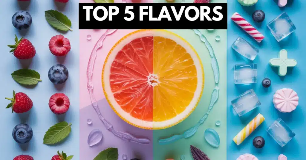 Top vape flavors shown with berries, citrus, mint, and candy props over colorful backgrounds