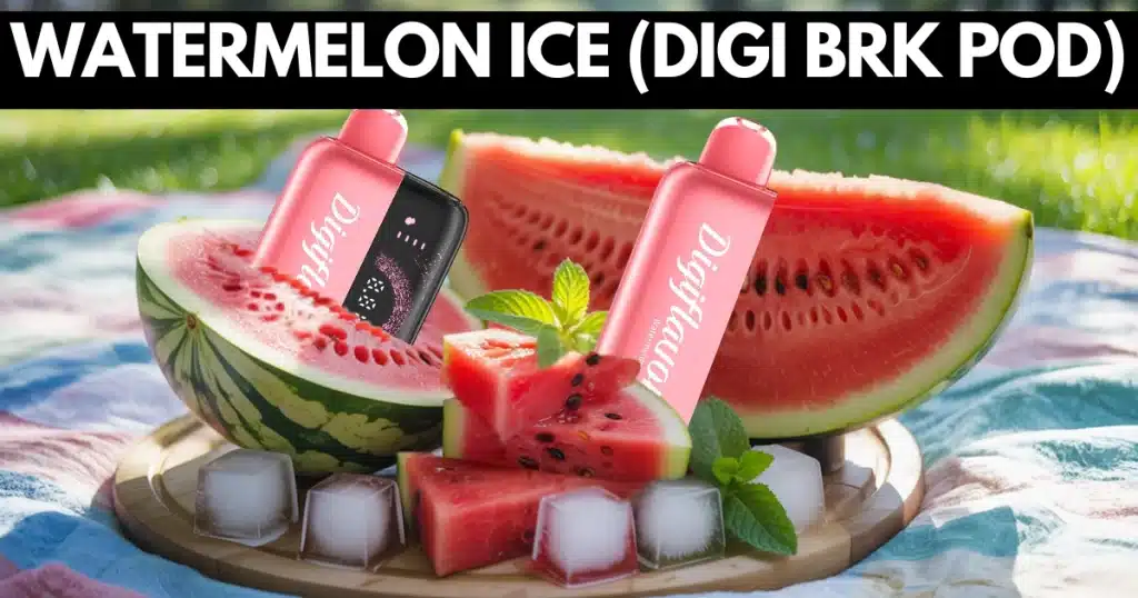 Juicy watermelon slices with mint and ice cubes representing Geek Bar Digi BRK Pod Watermelon Ice flavor