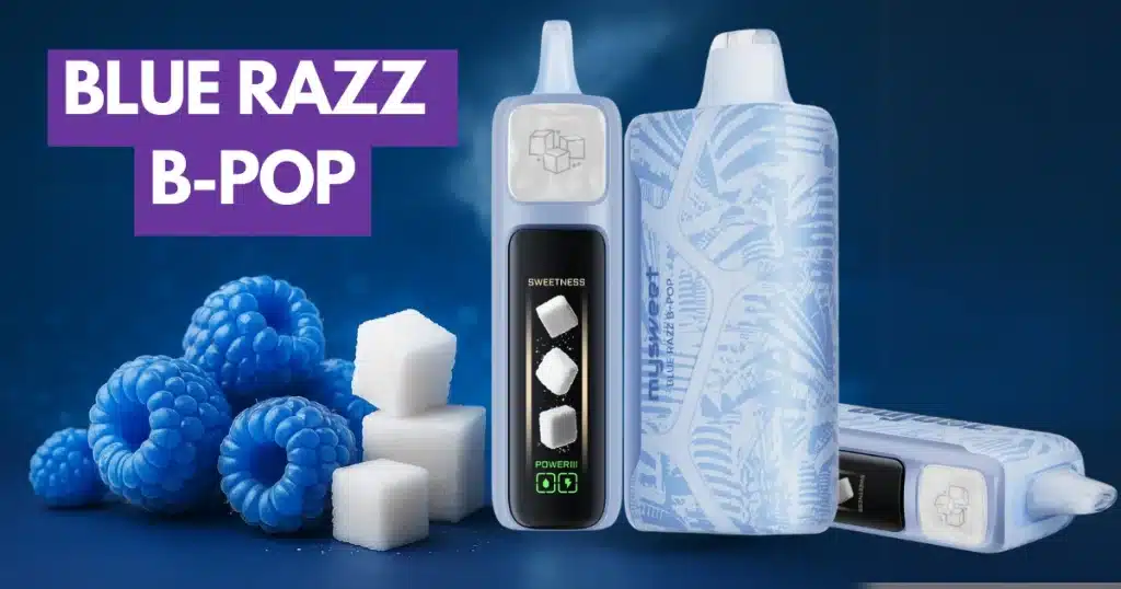 Lost Mary Adjust MySweet 40K vape with Blue Razz B-Pop flavor, surrounded by icy and sweet elements.