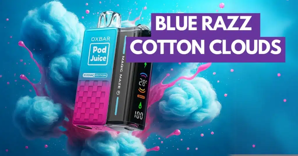 Pod Juice x OXBAR Magic Maze 2 with Blue Razz Cotton Clouds flavor, floating in a dreamy candy-floss splash.