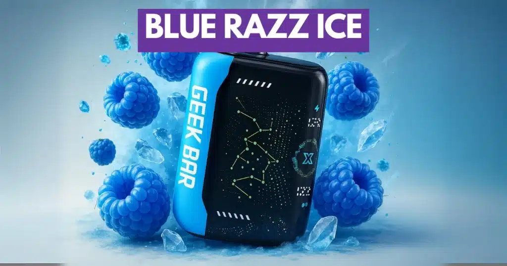 Geek Bar Pulse X vape with Blue Razz Ice flavor, set in a cool blue splash with icy undertones.