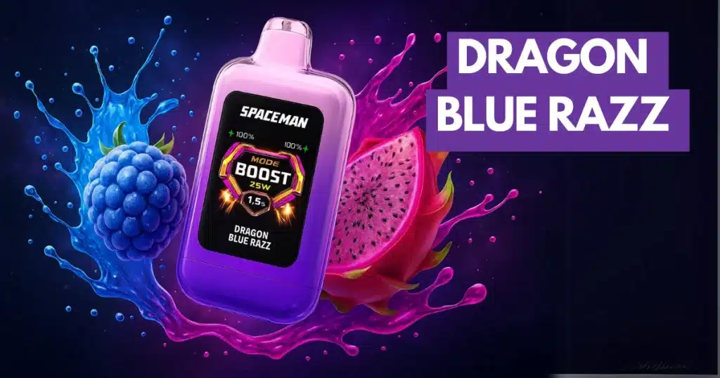 Spaceman Nebula 25K Plus with Dragon Blue Razz flavor, enhanced by fruity dragon fruit and blue raspberry visuals.