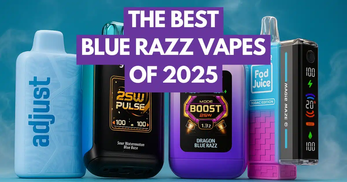 A digital collage of the best Blue Razz vapes of 2025, showcasing four top devices.
