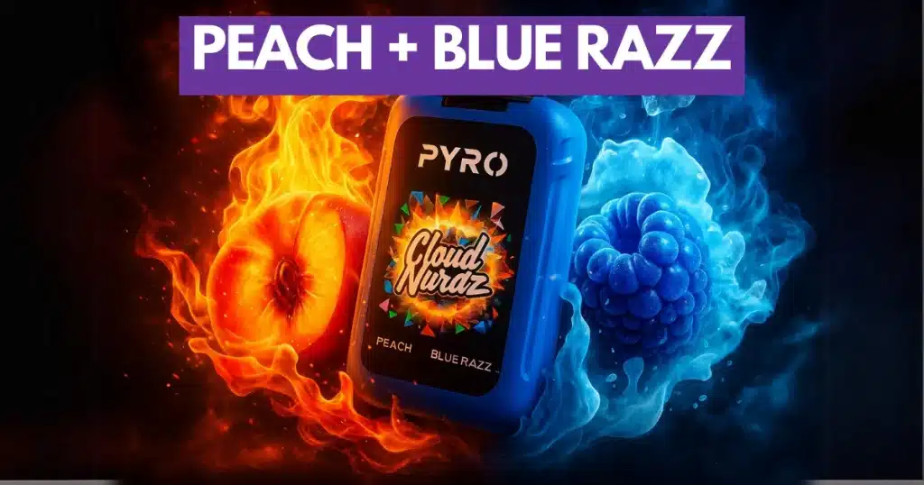Cloud Nurdz x Pyro Duo 30K vape featuring Peach and Blue Razz flavor with juicy fruit splash layers.
