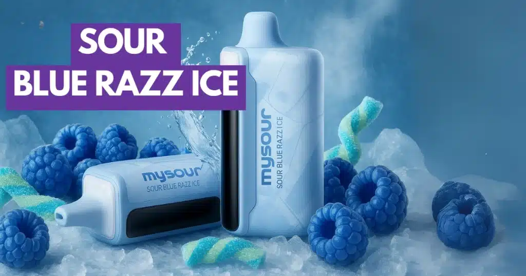 Lost Mary Adjust MySour 40K with Sour Blue Razz Ice flavor, surrounded by frosty sour candy visuals.