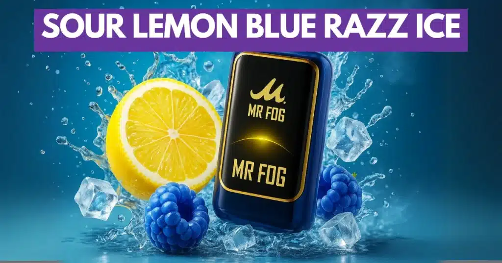 Mr Fog NOVA 36K vape with Sour Lemon Blue Razz Ice flavor, accented by frosty lemon zest visuals.