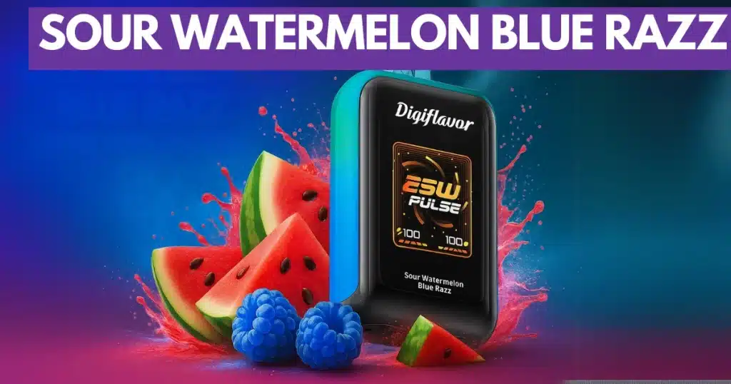 Geek Bar DigiFlavor SKY vape with Sour Watermelon Blue Razz flavor, displayed with juicy watermelon and tart splashes.